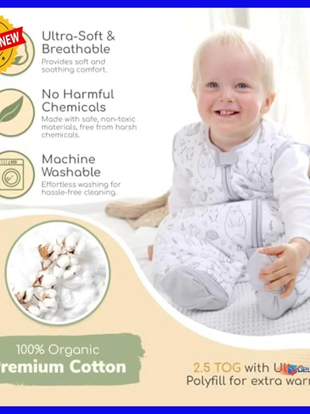 Organic Cotton Toddler Sleep Sack with Feet 2.5 TOG Wearable Blanket Medium